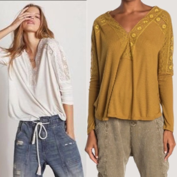 Free People Lola Lace Long Sleeve Top in Alchemy Mustard Gold Small Hi Lo - Picture 1 of 15